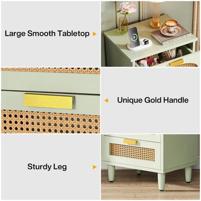 Wood/ Rattan Nightstand Bedside Table