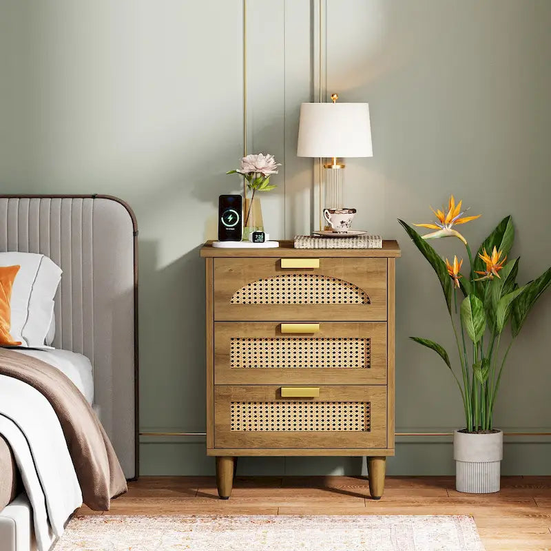 Wood/ Rattan Nightstand Bedside Table