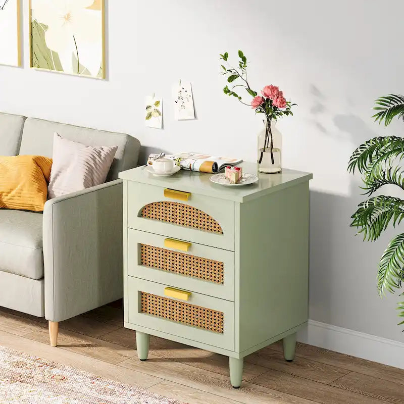 Wood/ Rattan Nightstand Bedside Table