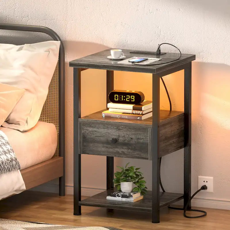 Table Drawers Nightstand with Charge Station