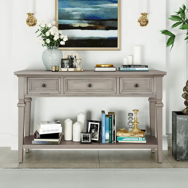 White Console Table with 3 Drawers and Bottom Storage Shelf, Farmhouse Entryway Sofa Table