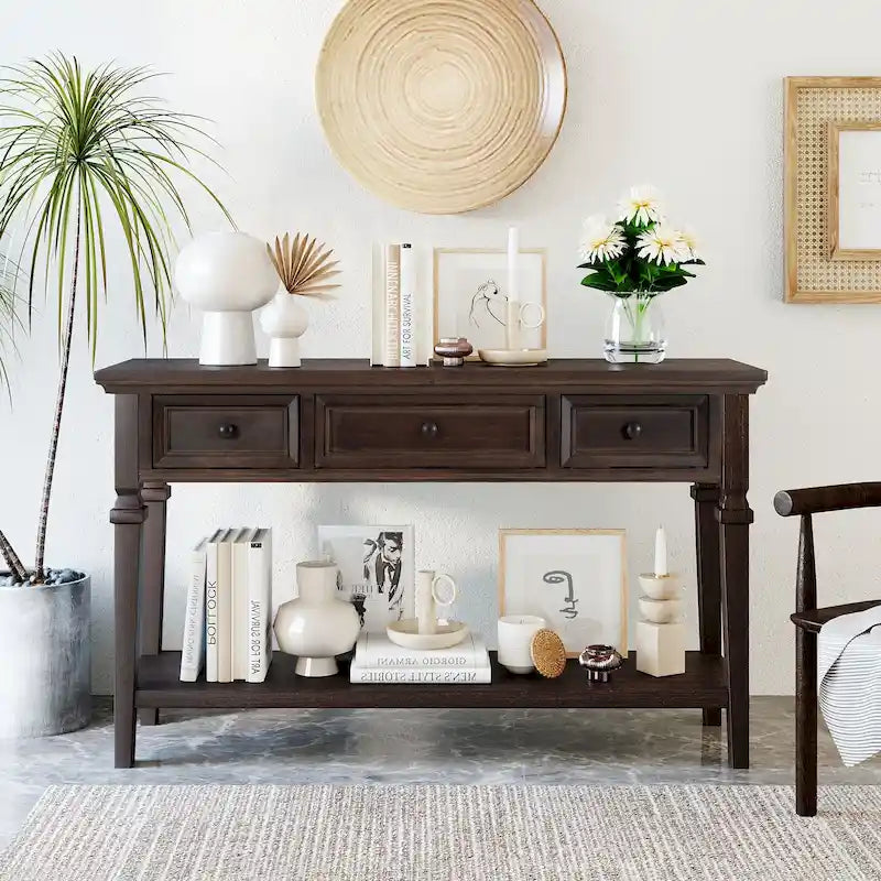 White Console Table with 3 Drawers and Bottom Storage Shelf, Farmhouse Entryway Sofa Table