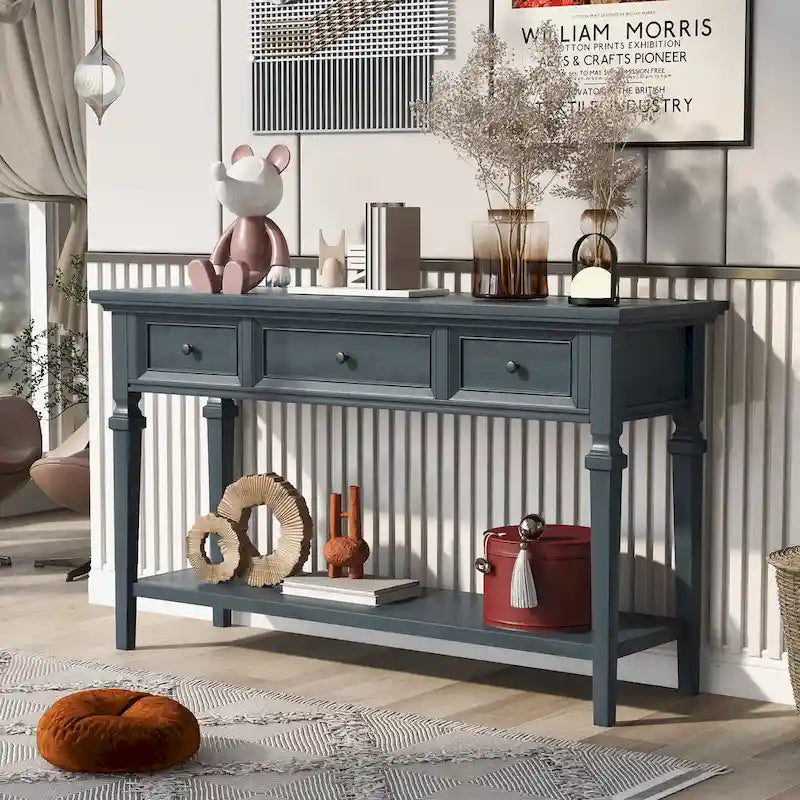 Classic Console Table with 3 Top Drawers and Open Style Bottom Shelf