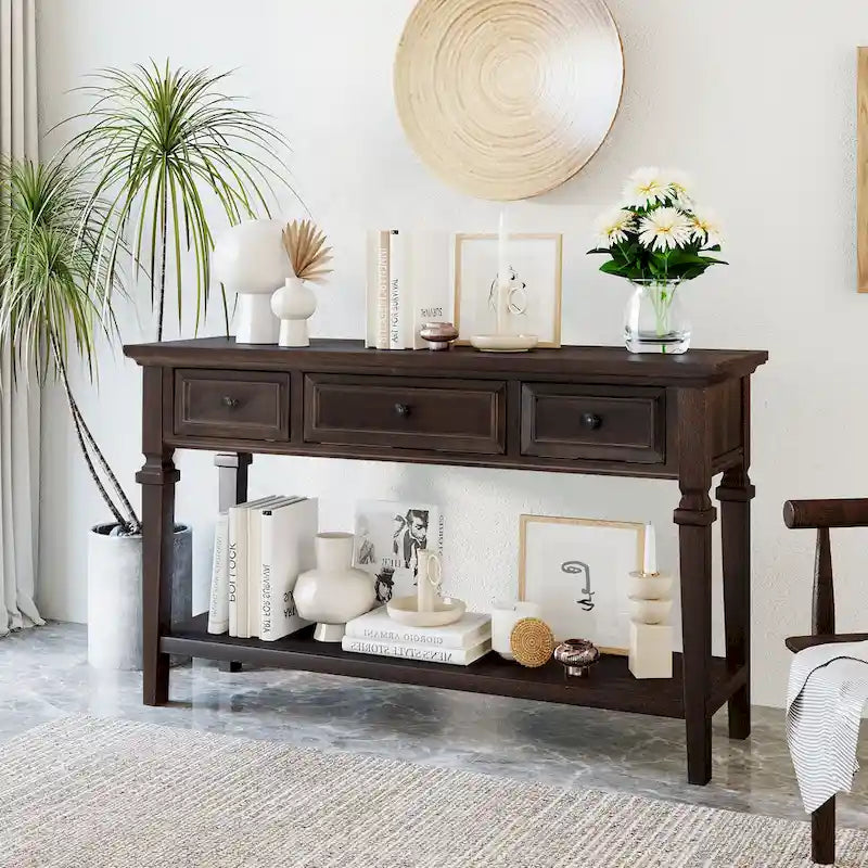White Console Table with 3 Drawers and Bottom Storage Shelf, Farmhouse Entryway Sofa Table