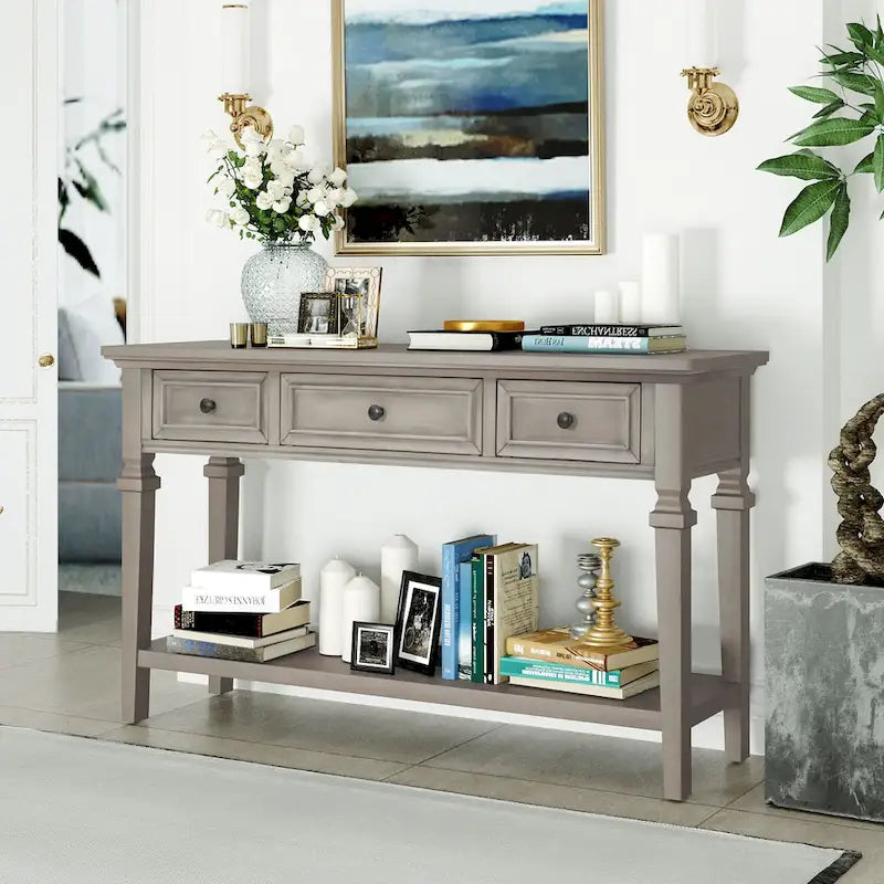 White Console Table with 3 Drawers and Bottom Storage Shelf, Farmhouse Entryway Sofa Table