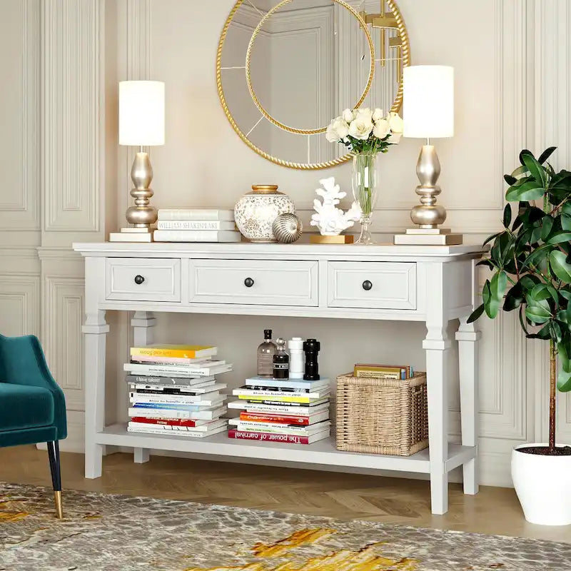 White Console Table with 3 Drawers and Bottom Storage Shelf, Farmhouse Entryway Sofa Table