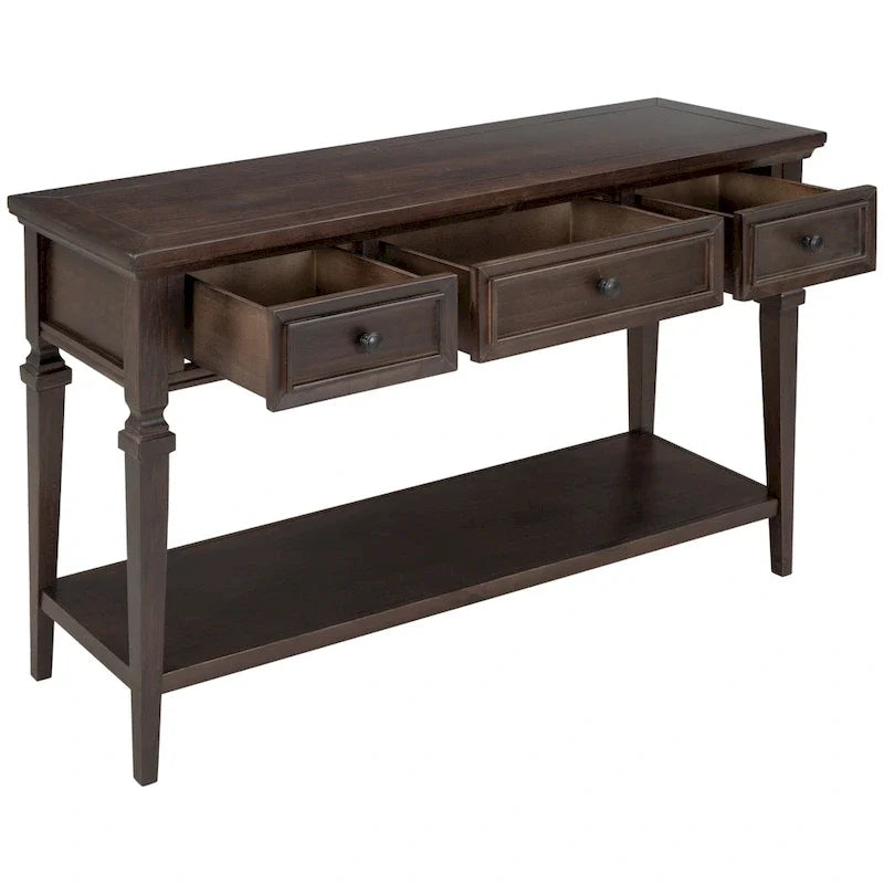 Consola blanca con 3 cajones y estante de almacenamiento inferior, mesa de sofá estilo granja para recibidor