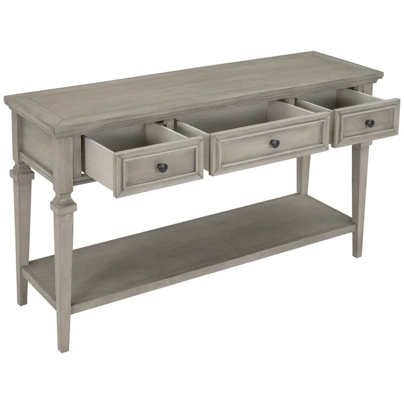 Consola blanca con 3 cajones y estante de almacenamiento inferior, mesa de sofá estilo granja para recibidor