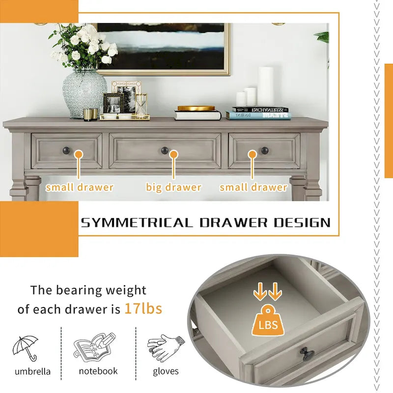 Consola blanca con 3 cajones y estante de almacenamiento inferior, mesa de sofá estilo granja para recibidor