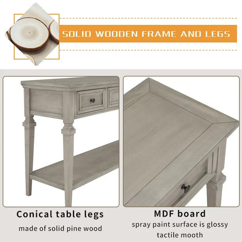 Consola blanca con 3 cajones y estante de almacenamiento inferior, mesa de sofá estilo granja para recibidor