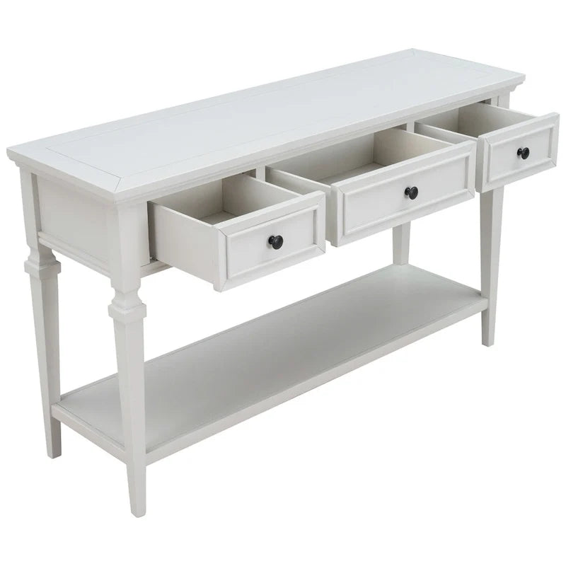 Consola blanca con 3 cajones y estante de almacenamiento inferior, mesa de sofá estilo granja para recibidor