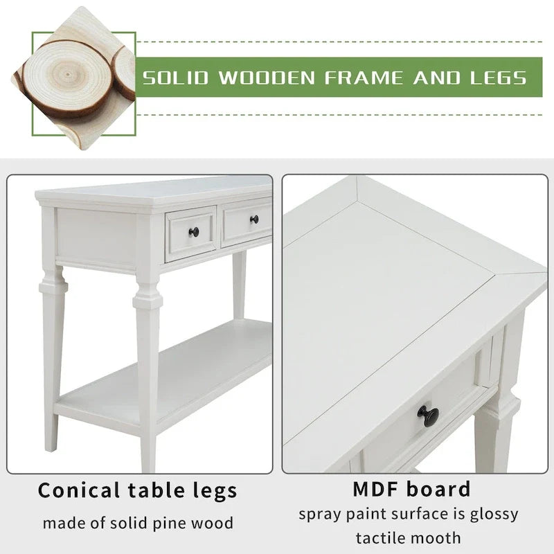 Consola blanca con 3 cajones y estante de almacenamiento inferior, mesa de sofá estilo granja para recibidor