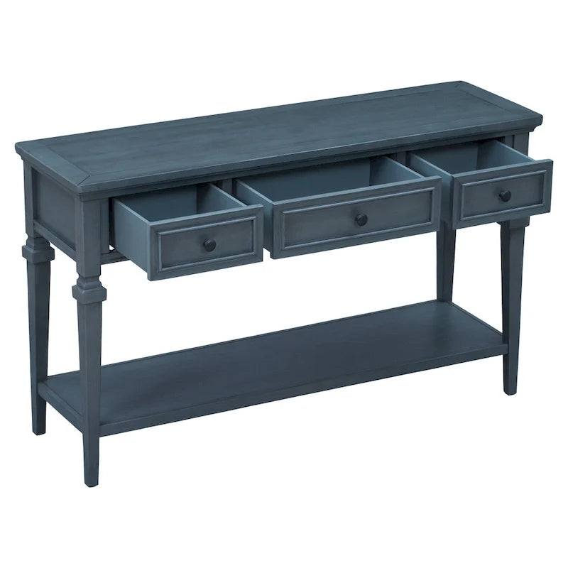 Consola blanca con 3 cajones y estante de almacenamiento inferior, mesa de sofá estilo granja para recibidor