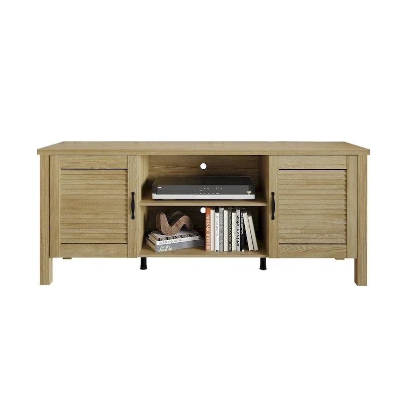 Wood TV Stand with Slatted Shutter Doors, Media Console Cabinet for Living Room, Fits Up to 65 Inch TV