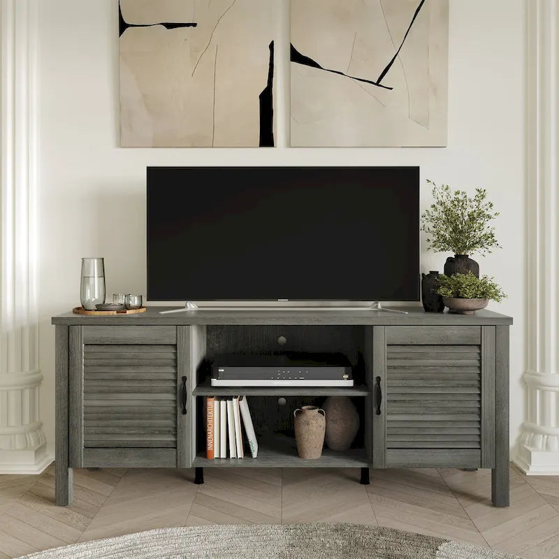 TV-Schrank aus Holz mit Lamellentüren, Medienkonsole fürs Wohnzimmer, passend für Fernseher bis 65 Zoll