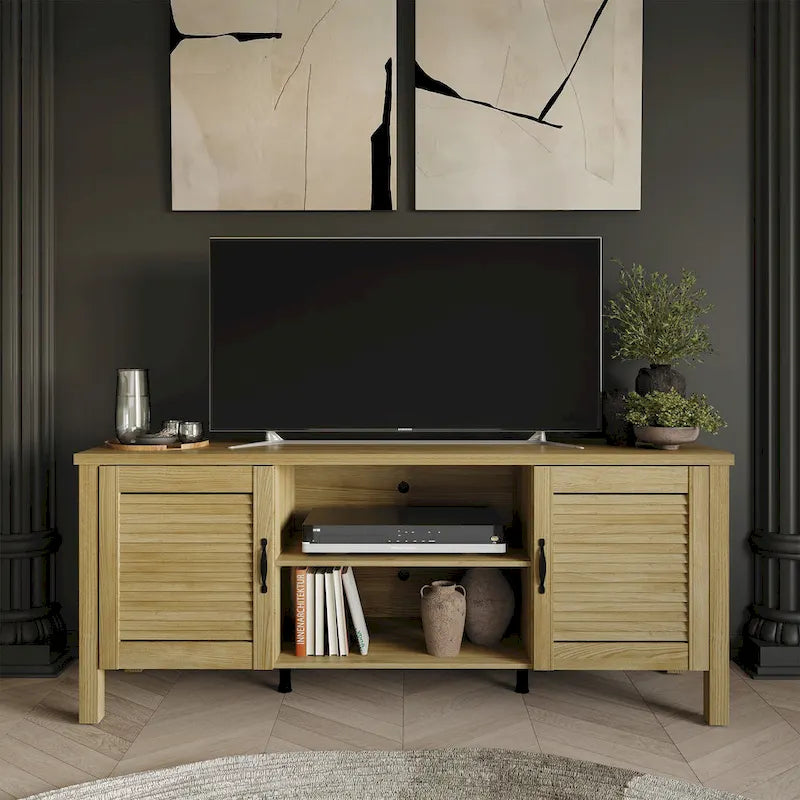TV-Schrank aus Holz mit Lamellentüren, Medienkonsole fürs Wohnzimmer, passend für Fernseher bis 65 Zoll