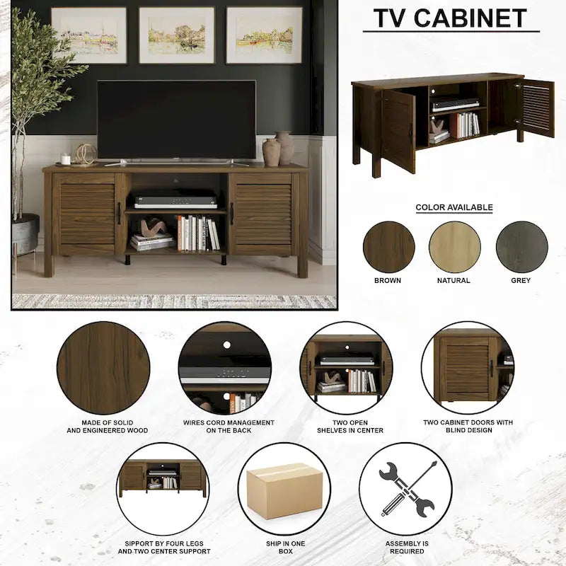 TV-Schrank aus Holz mit Lamellentüren, Medienkonsole fürs Wohnzimmer, passend für Fernseher bis 65 Zoll