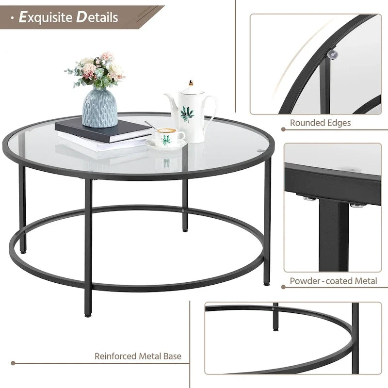 Mesa de centro redonda de vidrio con estructura de metal, mesa auxiliar moderna para la sala de estar