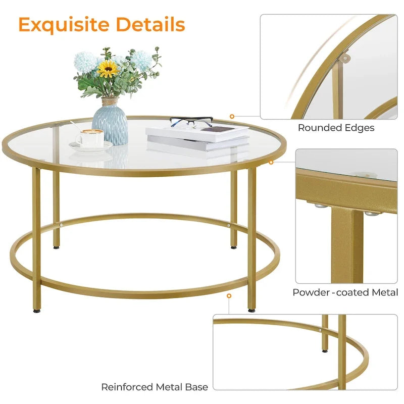Mesa de centro redonda de vidrio con estructura de metal, mesa auxiliar moderna para la sala de estar