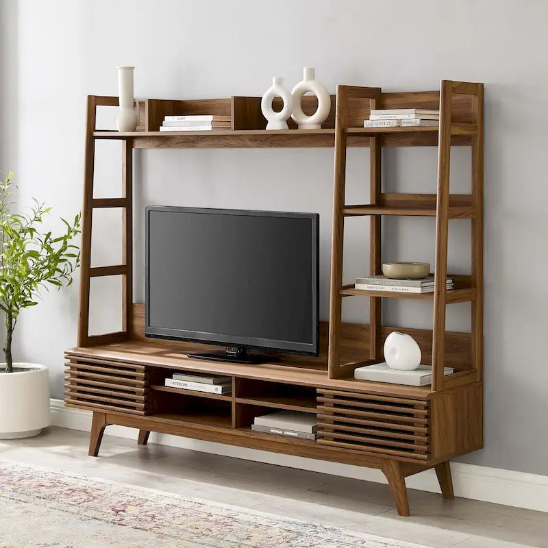 Mid-Century Wood TV Stand with Open Bookshelves, Entertainment Center Media Console for Living Room