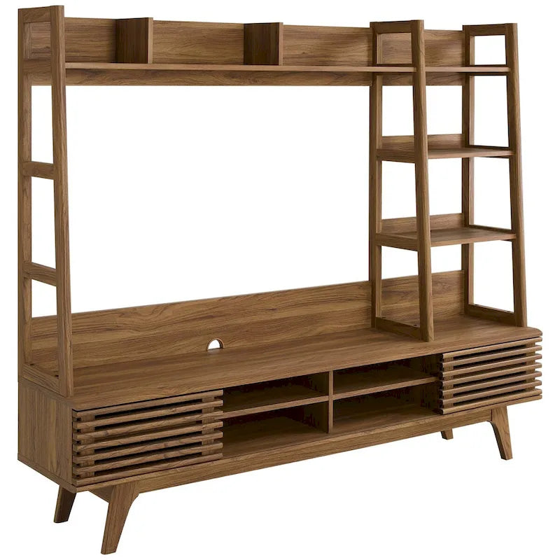 Mid-Century Wood TV Stand with Open Bookshelves, Entertainment Center Media Console for Living Room