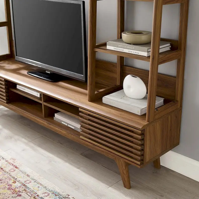 Mid-Century Wood TV Stand with Open Bookshelves, Entertainment Center Media Console for Living Room