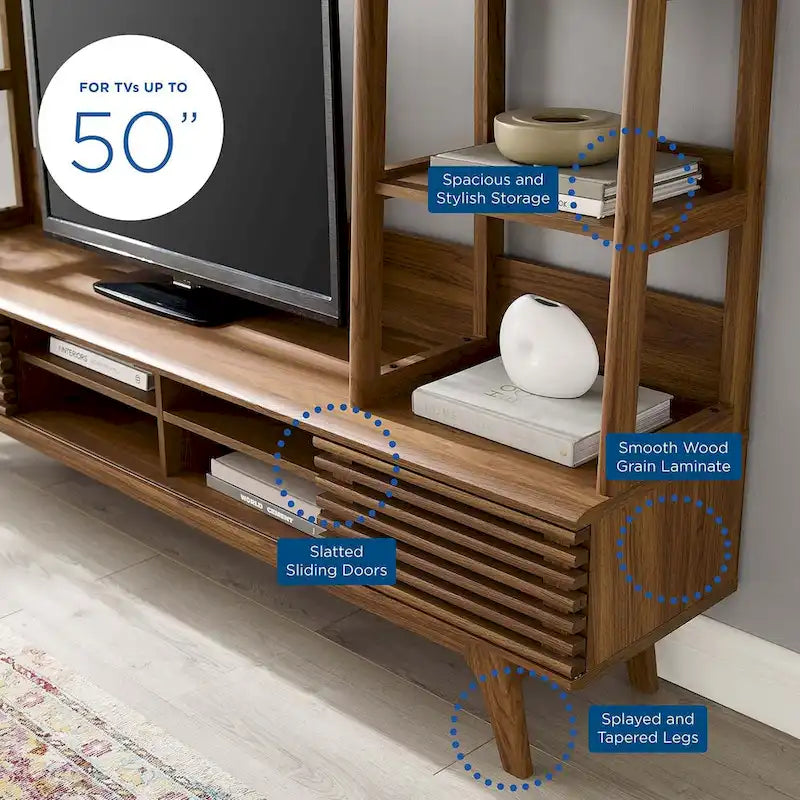 Mid-Century Wood TV Stand with Open Bookshelves, Entertainment Center Media Console for Living Room