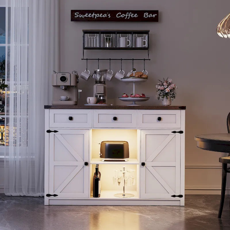 Küchenschrank im Landhausstil mit LED-Beleuchtung, Sideboard mit Stauraum, Schubladen und Scheunentüren