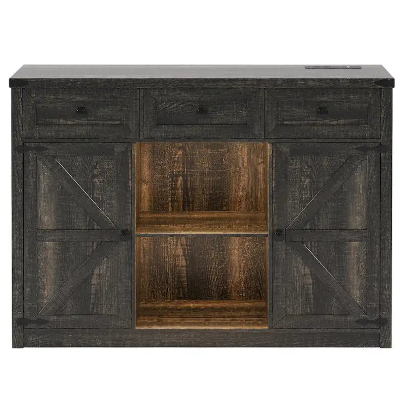 Gabinete de bar y café estilo granja con luz LED, aparador con almacenamiento, cajones y puertas de granero para la cocina