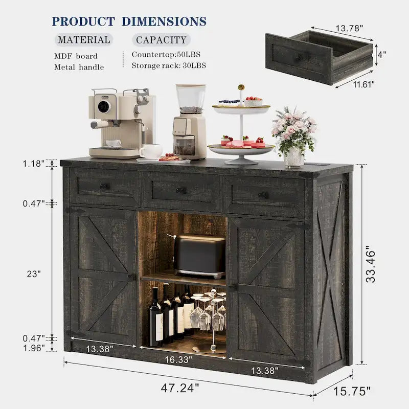 Gabinete de bar y café estilo granja con luz LED, aparador con almacenamiento, cajones y puertas de granero para la cocina