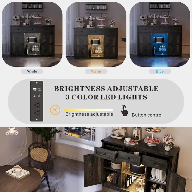 Gabinete de bar y café estilo granja con luz LED, aparador con almacenamiento, cajones y puertas de granero para la cocina
