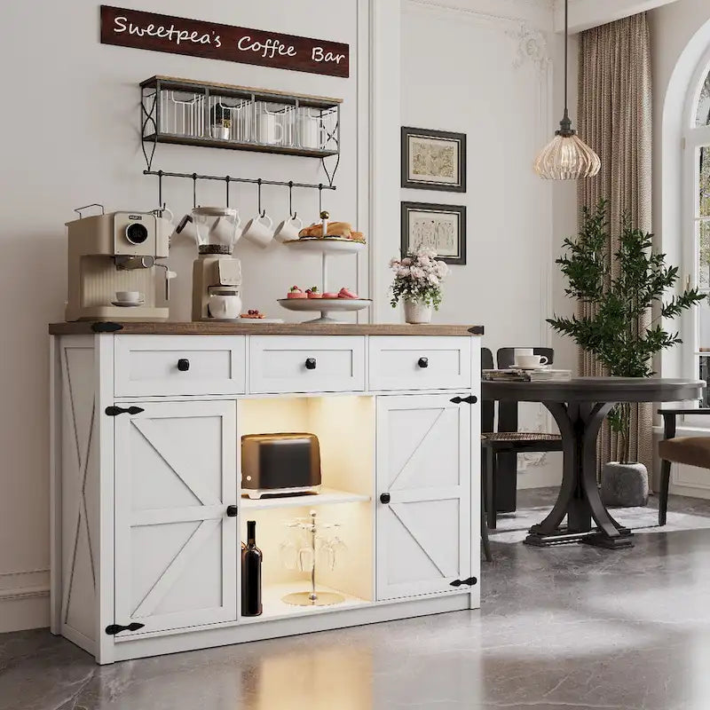Küchenschrank im Landhausstil mit LED-Beleuchtung, Sideboard mit Stauraum, Schubladen und Scheunentüren