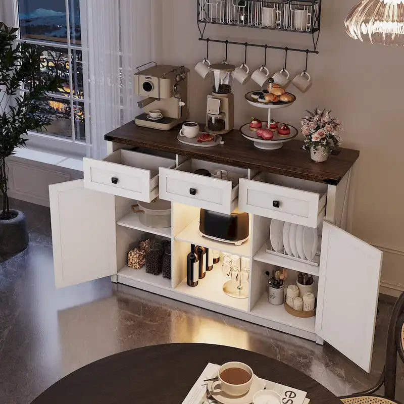Gabinete de bar y café estilo granja con luz LED, aparador con almacenamiento, cajones y puertas de granero para la cocina