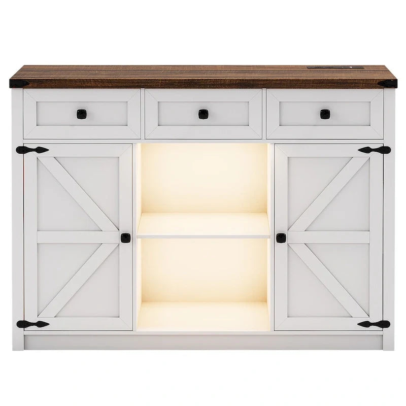 Gabinete de bar y café estilo granja con luz LED, aparador con almacenamiento, cajones y puertas de granero para la cocina