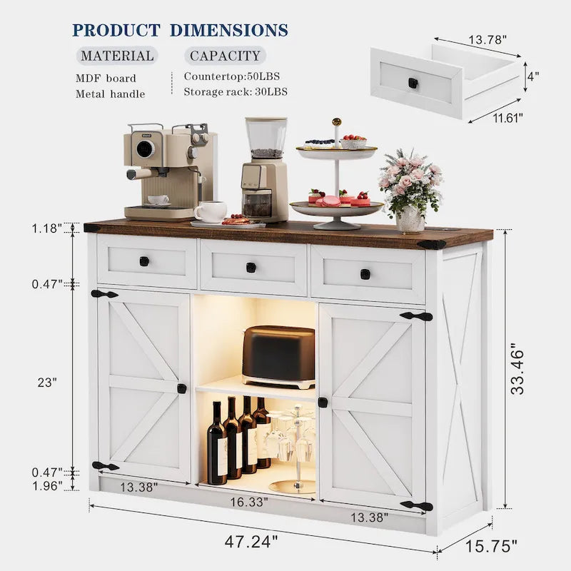 Gabinete de bar y café estilo granja con luz LED, aparador con almacenamiento, cajones y puertas de granero para la cocina