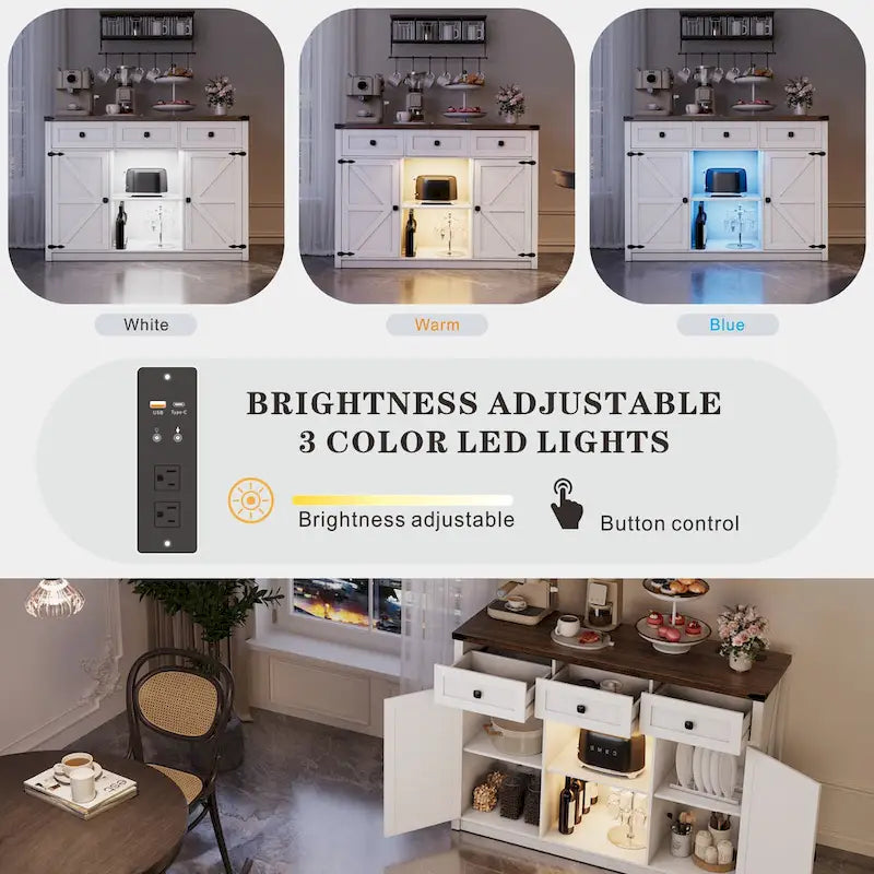 Gabinete de bar y café estilo granja con luz LED, aparador con almacenamiento, cajones y puertas de granero para la cocina